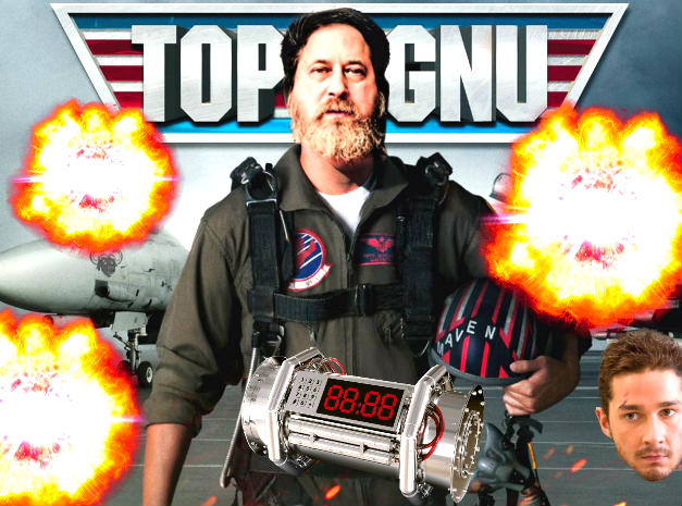 Richard stallman in a photo edited with a reference to Top Gun movie spiced up with some explosions